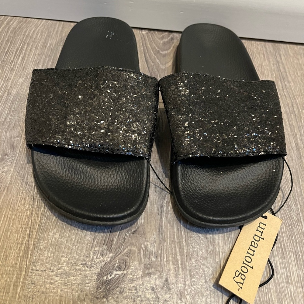 Ladies New Black Cracked Ice Sandal Slides - Picture 2 of 5